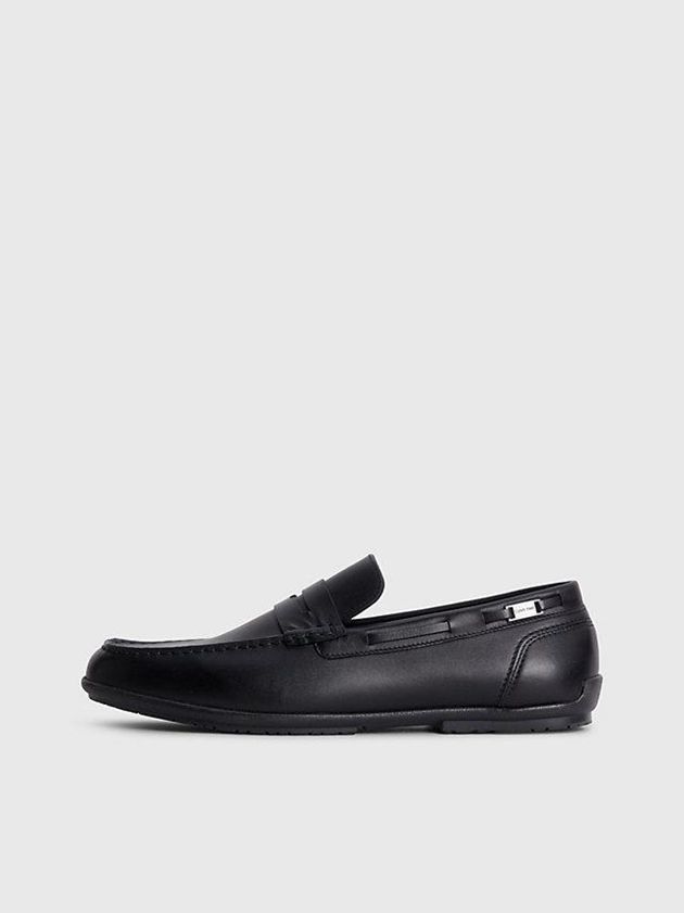 Black Calvin Klein Leather Loafers Men Slip On | OMZD-86052