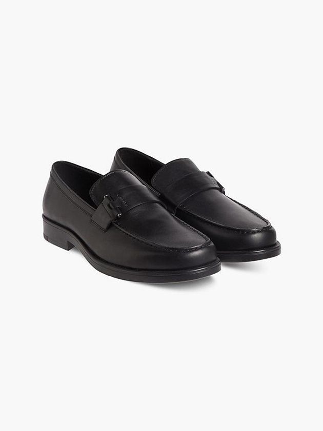 Black Calvin Klein Leather Loafers Men Slip On | ELJF-56843