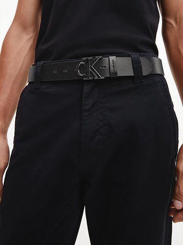 Black Calvin Klein Leather Logo Men Belt | PIBL-60935