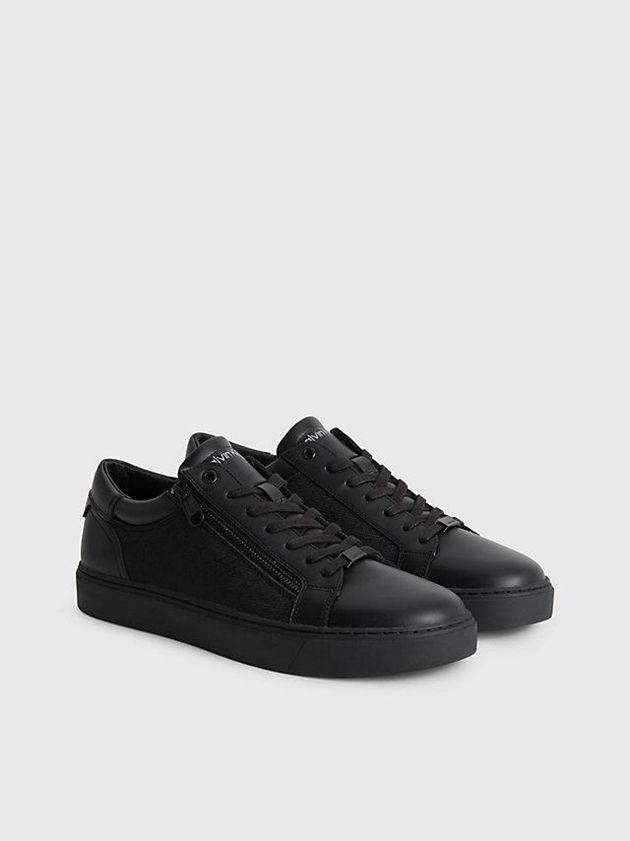 Black Calvin Klein Leather Logo Men Sneakers | DMUC-16854