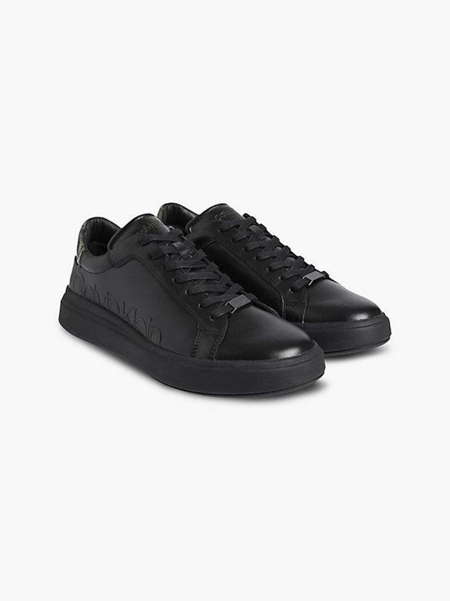 Black Calvin Klein Leather Logo Men Sneakers | ZIYG-32517