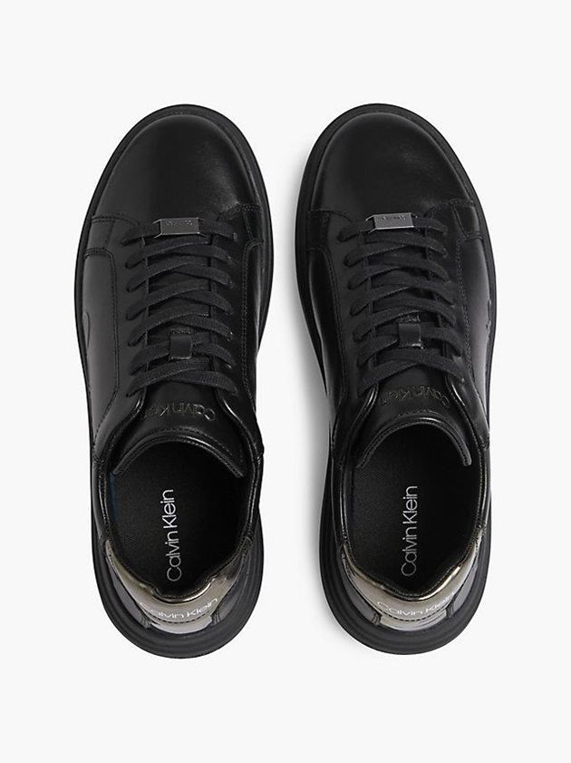 Black Calvin Klein Leather Logo Men Sneakers | ZIYG-32517