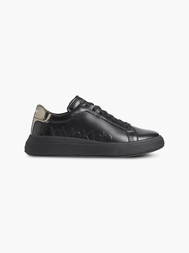Black Calvin Klein Leather Logo Men Sneakers | ZIYG-32517