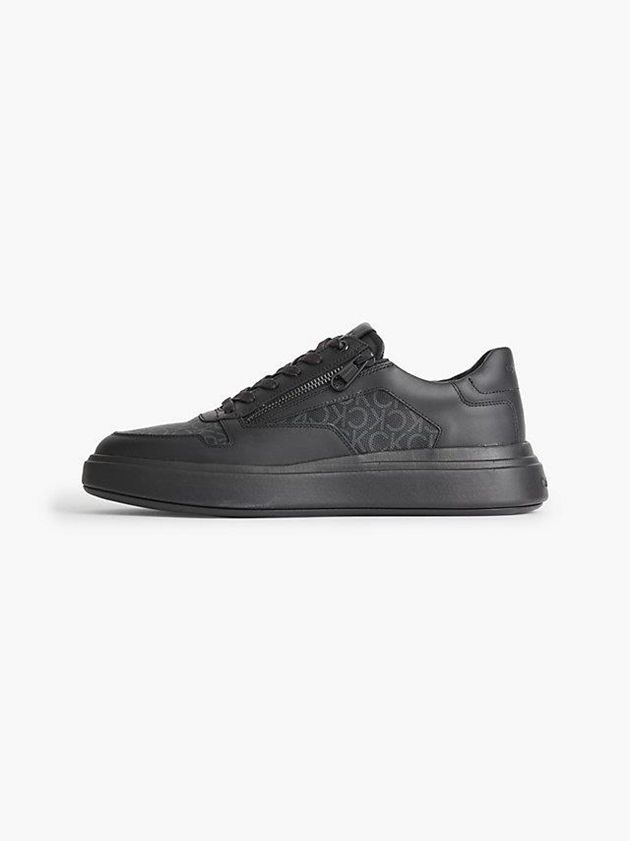 Black Calvin Klein Leather Logo Men Sneakers | NWBK-34571