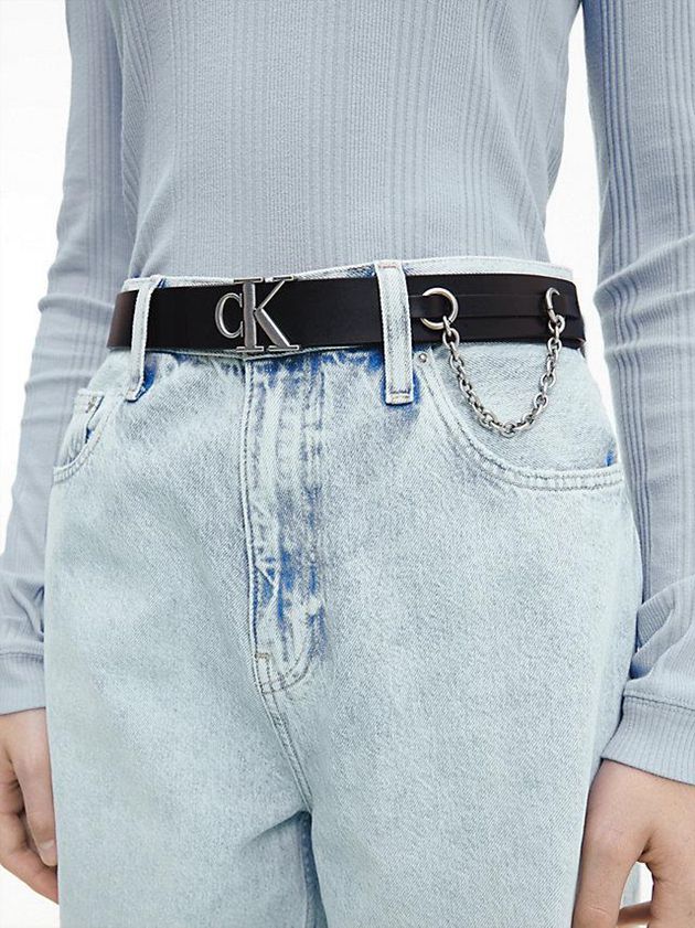 Black Calvin Klein Leather Logo Women Belt | USFE-03942