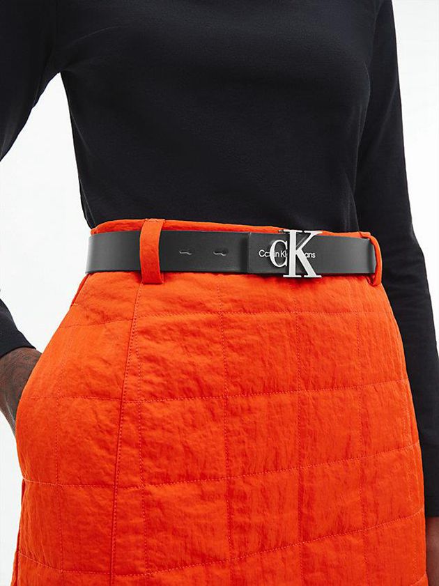 Black Calvin Klein Leather Logo Women Belt | MJBO-32108