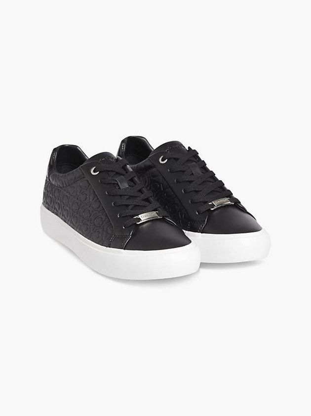 Black Calvin Klein Leather Logo Women Sneakers | ZRWN-20846
