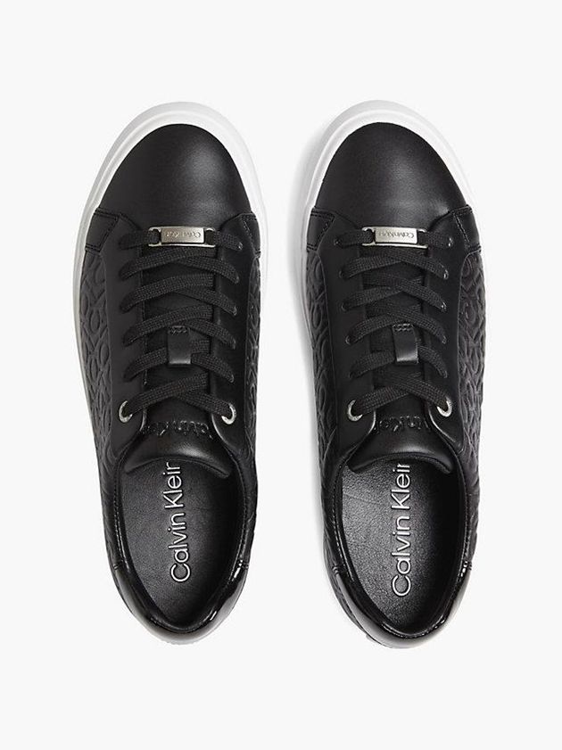 Black Calvin Klein Leather Logo Women Sneakers | ZRWN-20846