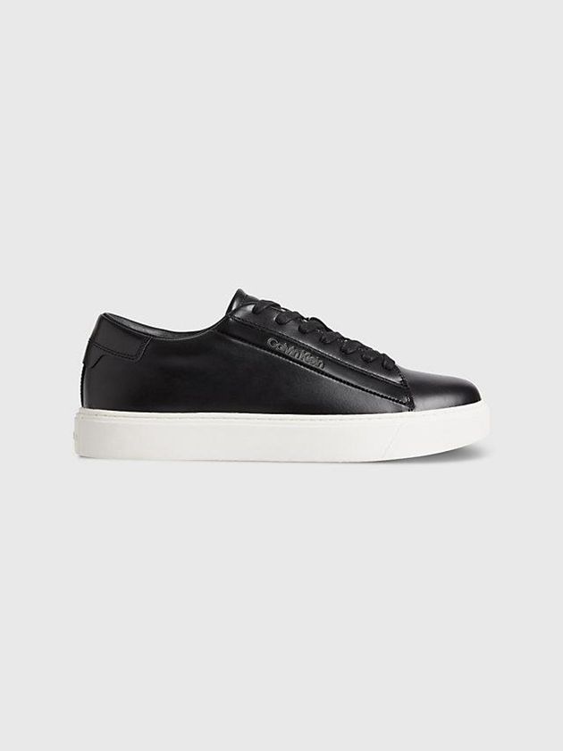 Black Calvin Klein Leather Men Sneakers | KFBZ-14806