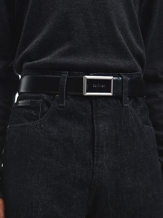 Black Calvin Klein Leather Plaque Buckle Men Belt | VDBY-36295