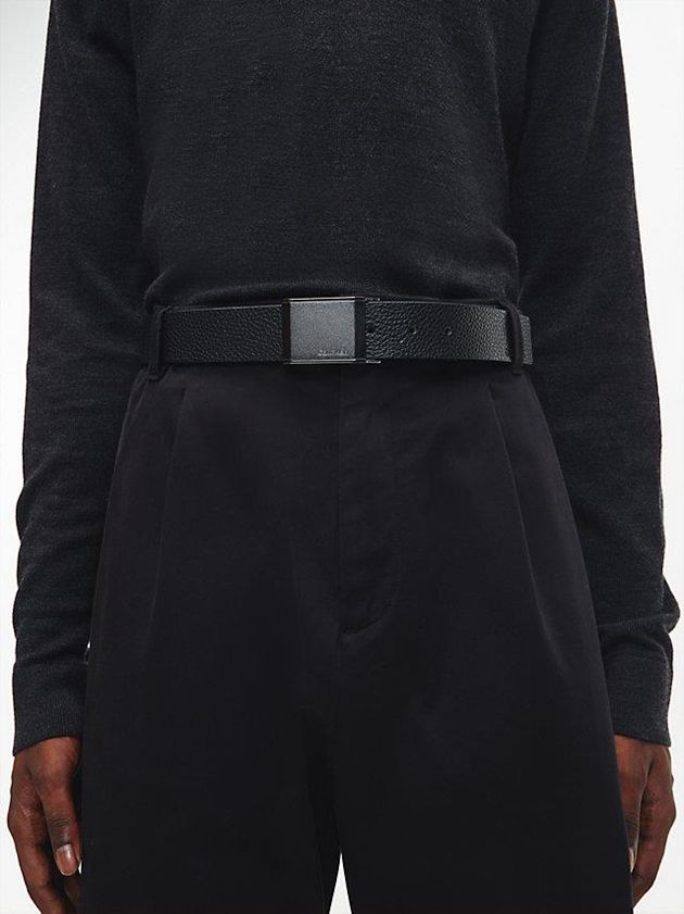 Black Calvin Klein Leather Plaque Buckle Men Belt | OWTQ-21809
