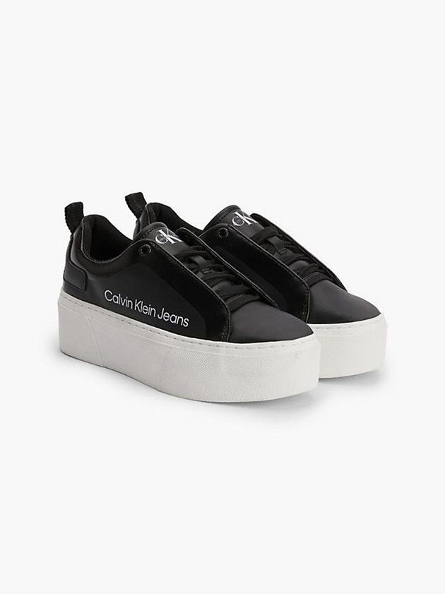 Black Calvin Klein Leather Platform Women Sneakers | ADWR-27089