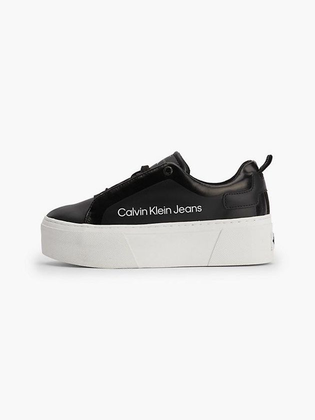 Black Calvin Klein Leather Platform Women Sneakers | ADWR-27089