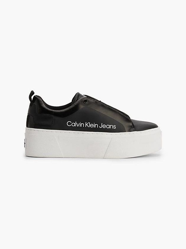 Black Calvin Klein Leather Platform Women Sneakers | ADWR-27089