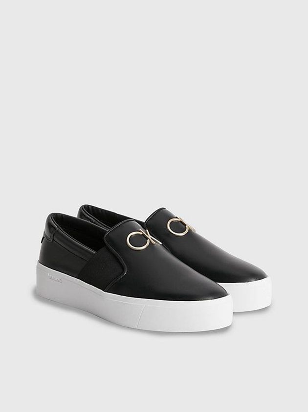 Black Calvin Klein Leather Platform Women Slip On | YECG-51274