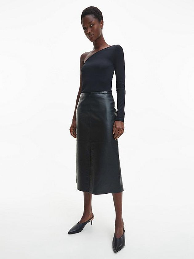 Black Calvin Klein Leather Slit Detail Women Skirt | KVNS-06152