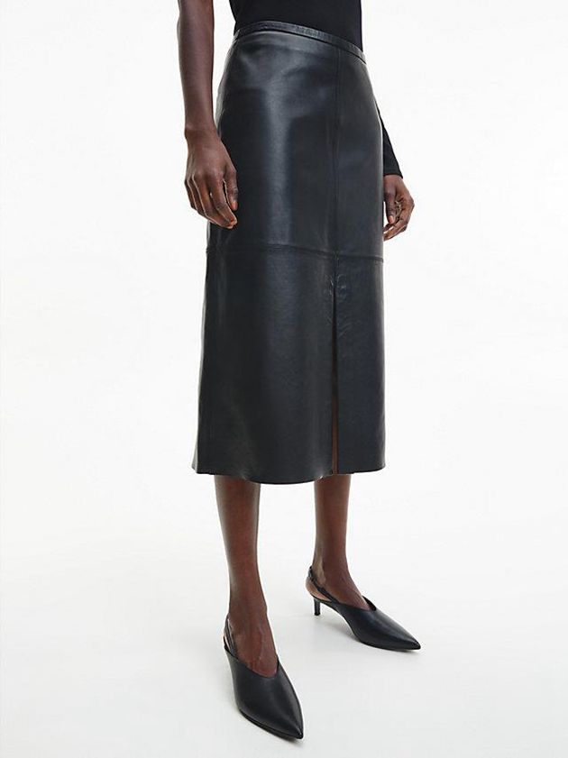 Black Calvin Klein Leather Slit Detail Women Skirt | KVNS-06152