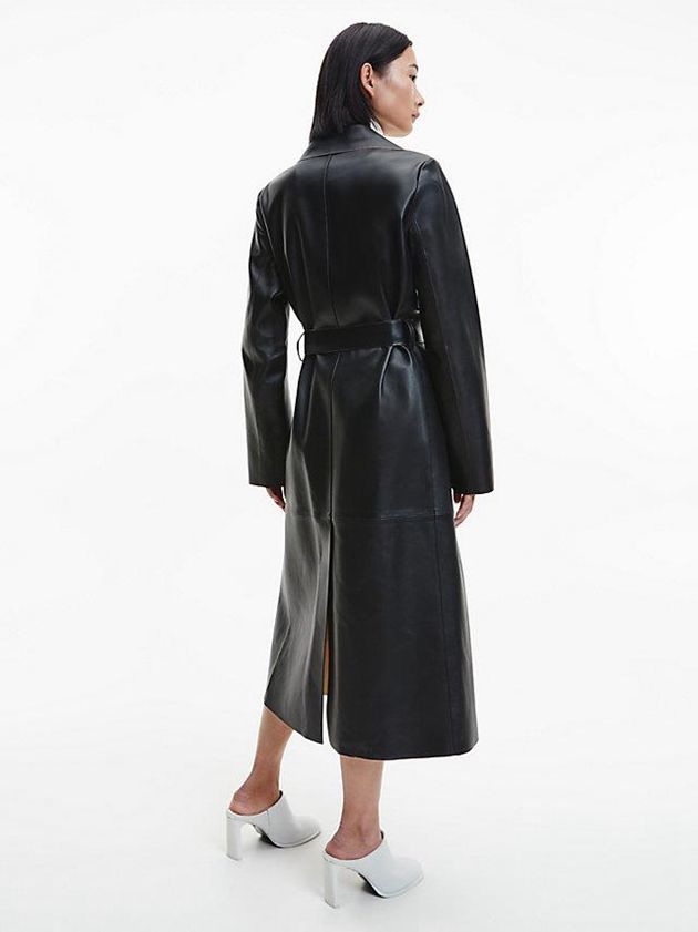 Black Calvin Klein Leather Trench Women Coat | BCYR-21047
