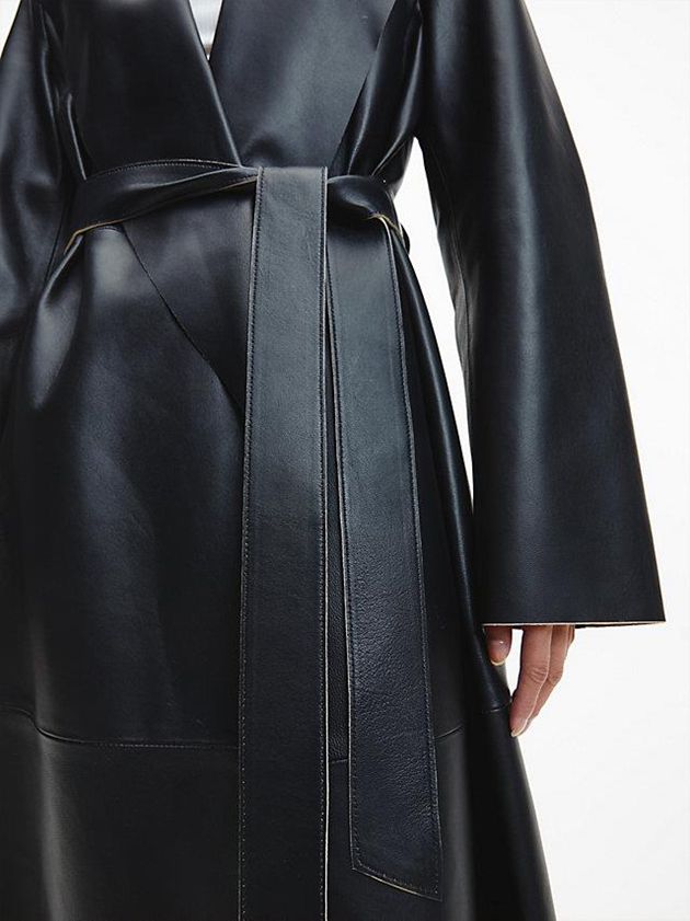 Black Calvin Klein Leather Trench Women Coat | BCYR-21047