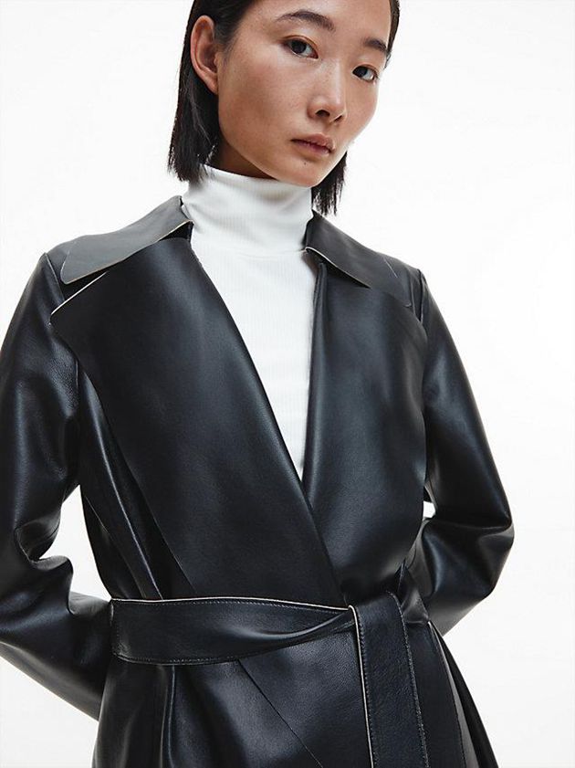 Black Calvin Klein Leather Trench Women Coat | BCYR-21047