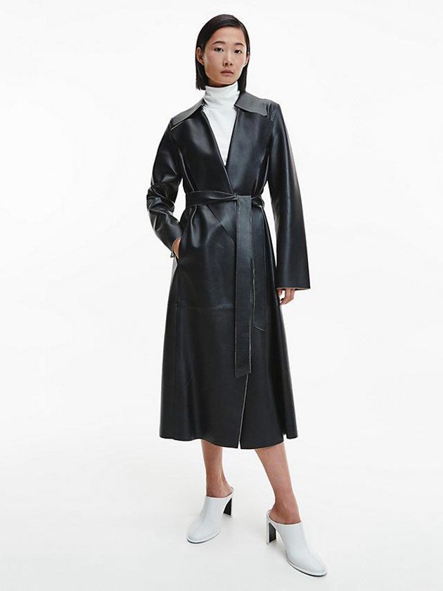 Black Calvin Klein Leather Trench Women Coat | BCYR-21047