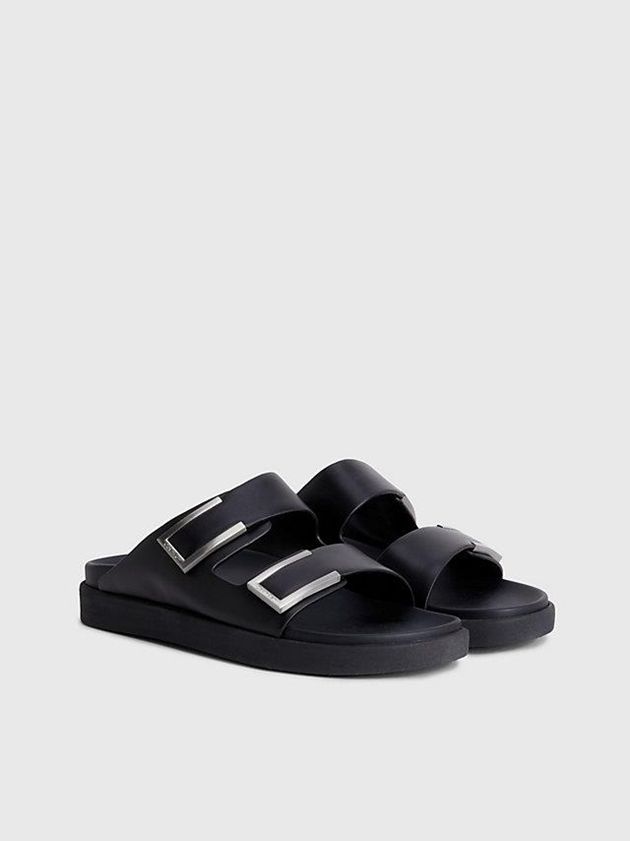 Black Calvin Klein Leather Women Sandals | QYRZ-67058
