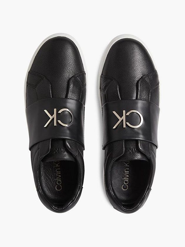 Black Calvin Klein Leather Women Slip On | ETOJ-09256