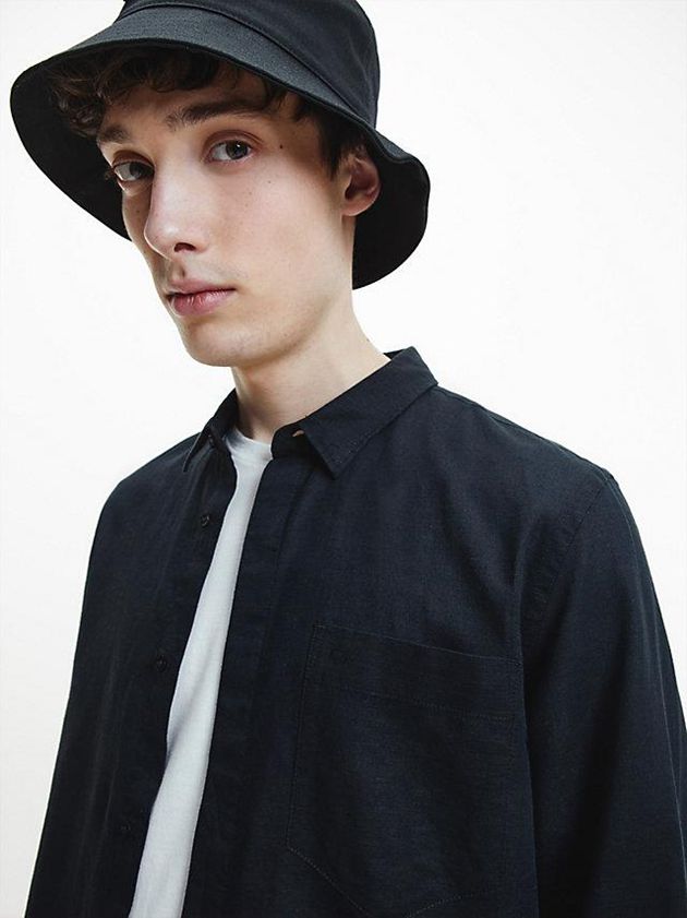 Black Calvin Klein Linen Cotton Men Shirts | ECWR-79285