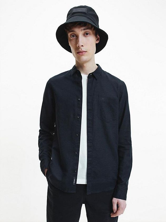 Black Calvin Klein Linen Cotton Men Shirts | ECWR-79285