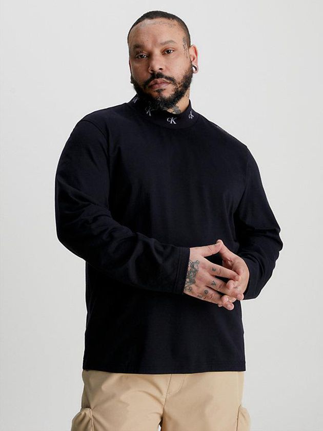 Black Calvin Klein Logo Collar Long Sleeve Men T-Shirt | BPHZ-10436