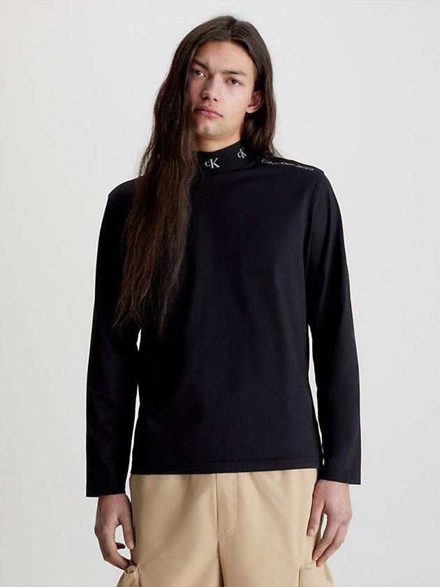Black Calvin Klein Logo Collar Long Sleeve Men T-Shirt | BPHZ-10436