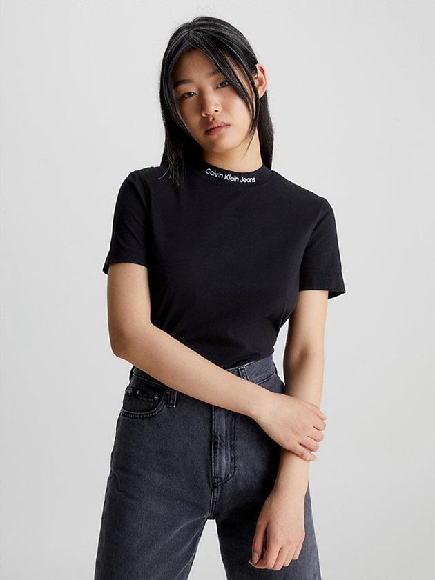 Black Calvin Klein Logo Collar Women T-Shirt | QPLE-36057
