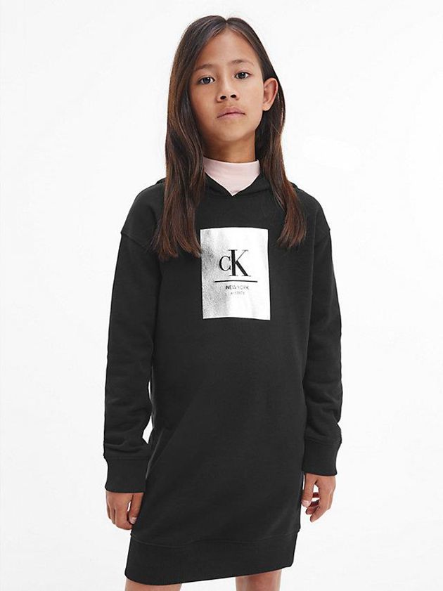 Black Calvin Klein Logo Hoodie Girls's Dress | CMNE-50369