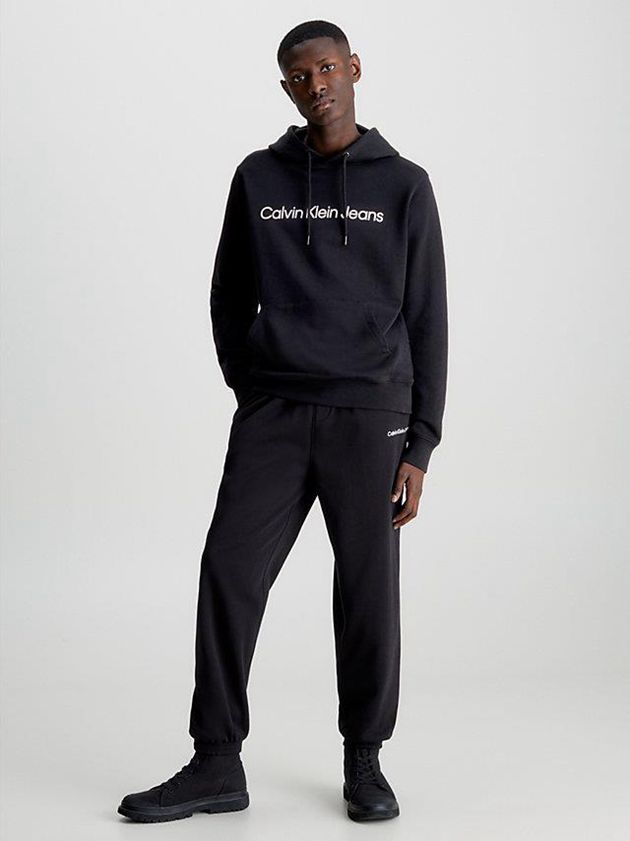 Black Calvin Klein Logo Men Hoodie | QPIU-12036