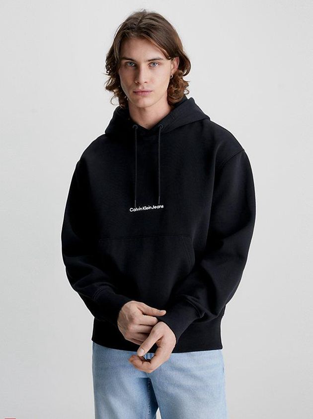Black Calvin Klein Logo Men Hoodie | TJFX-96180