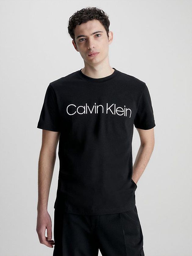 Black Calvin Klein Logo Men T-Shirt | KLUN-89456
