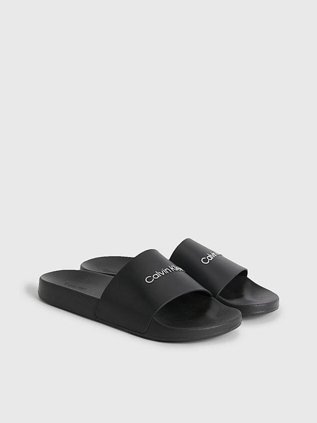 Black Calvin Klein Logo Sliders Men Slippers | EVCU-96814