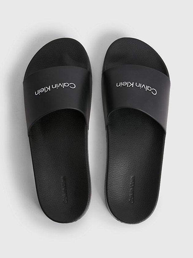 Black Calvin Klein Logo Sliders Men Slippers | EVCU-96814