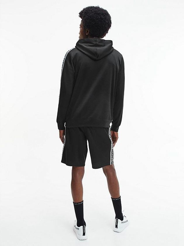 Black Calvin Klein Logo Tape Fleece Men Hoodie | DEJT-18074