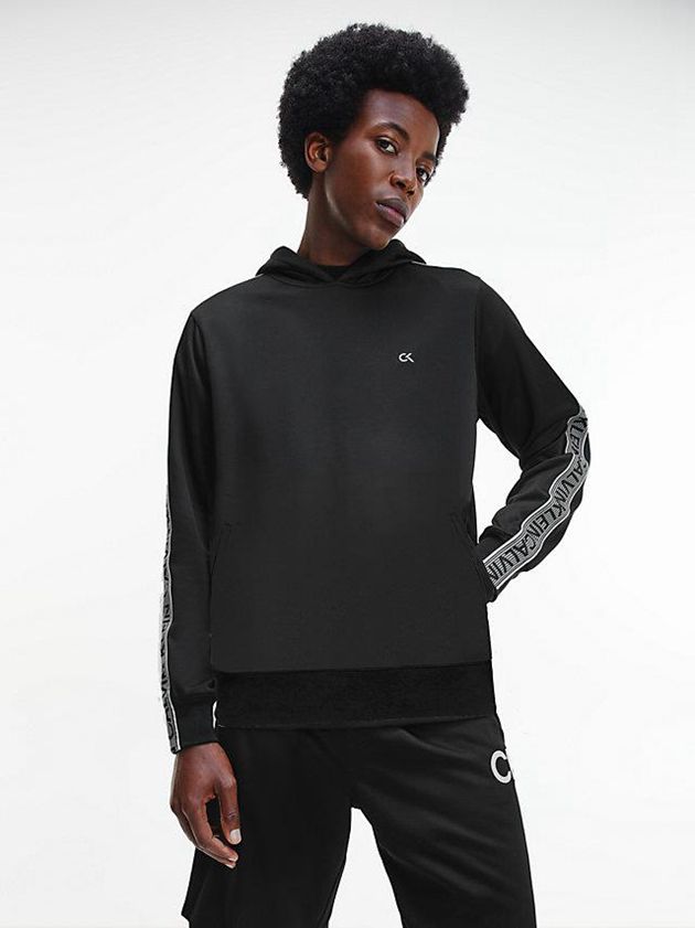 Black Calvin Klein Logo Tape Fleece Men Hoodie | DEJT-18074