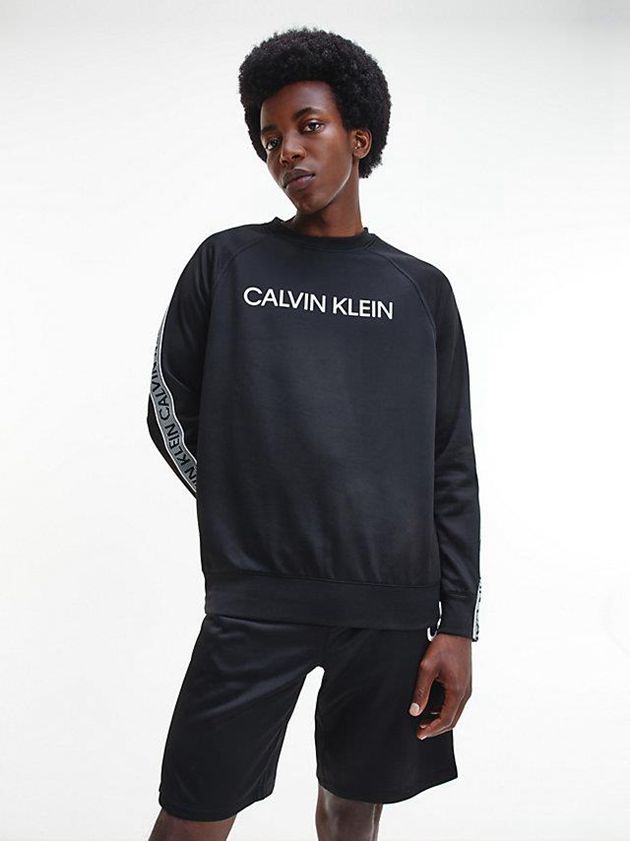 Black Calvin Klein Logo Tape Fleece Men Sweatshirt | HEMX-86374