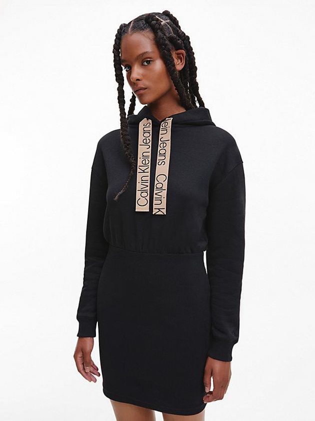 Black Calvin Klein Logo Tape Hooded Sweatshirt Women Dress | HOGP-80415