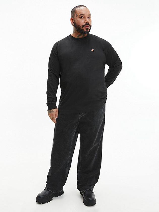 Black Calvin Klein Logo Tape Long Sleeve Men T-Shirt | TKOX-85023