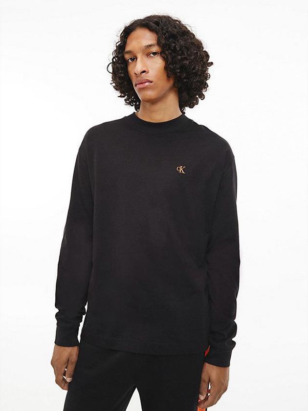 Black Calvin Klein Logo Tape Long Sleeve Men T-Shirt | TKOX-85023