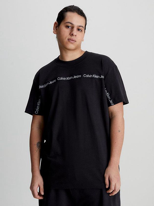 Black Calvin Klein Logo Tape Men T-Shirt | FGLZ-05893