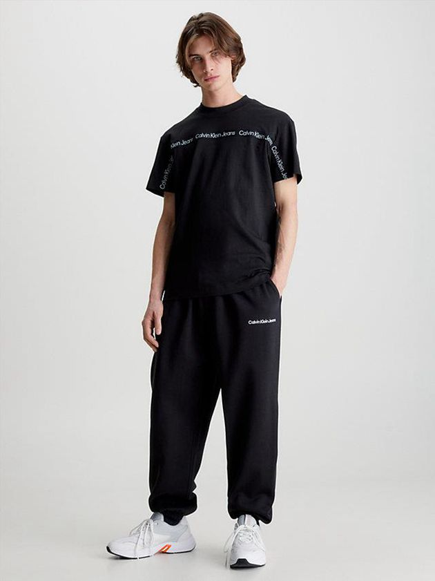 Black Calvin Klein Logo Tape Men T-Shirt | FGLZ-05893