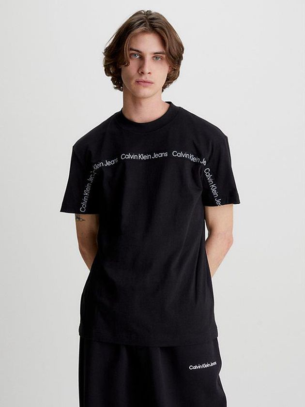 Black Calvin Klein Logo Tape Men T-Shirt | FGLZ-05893