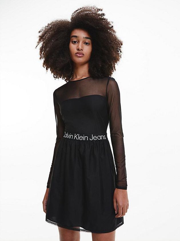 Black Calvin Klein Logo Tape Mesh Skater Women Dress | NFML-30187