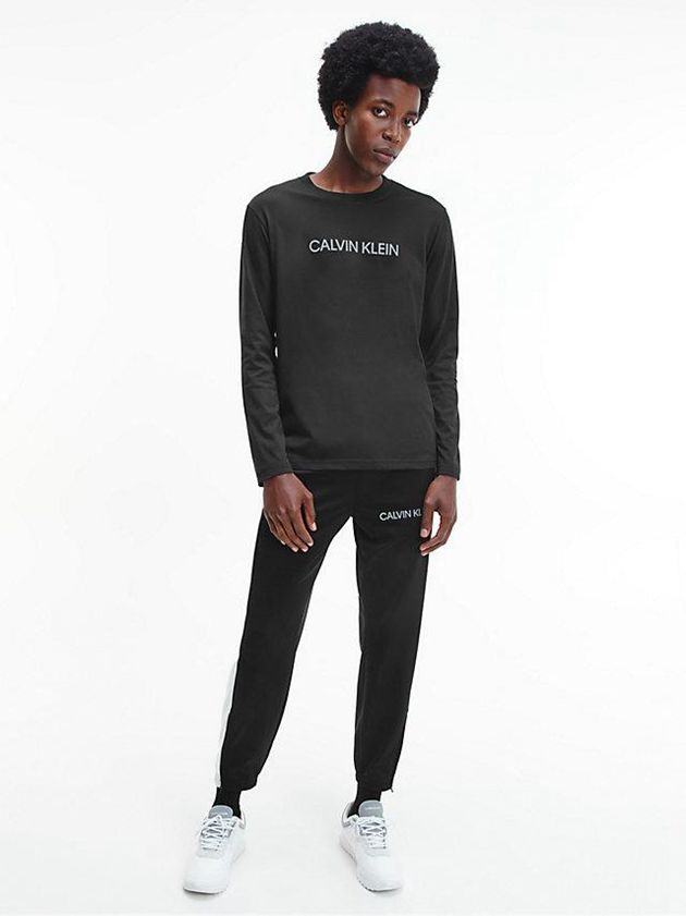 Black Calvin Klein Long Sleeve Logo Gym Men T-Shirt | MXJE-76382