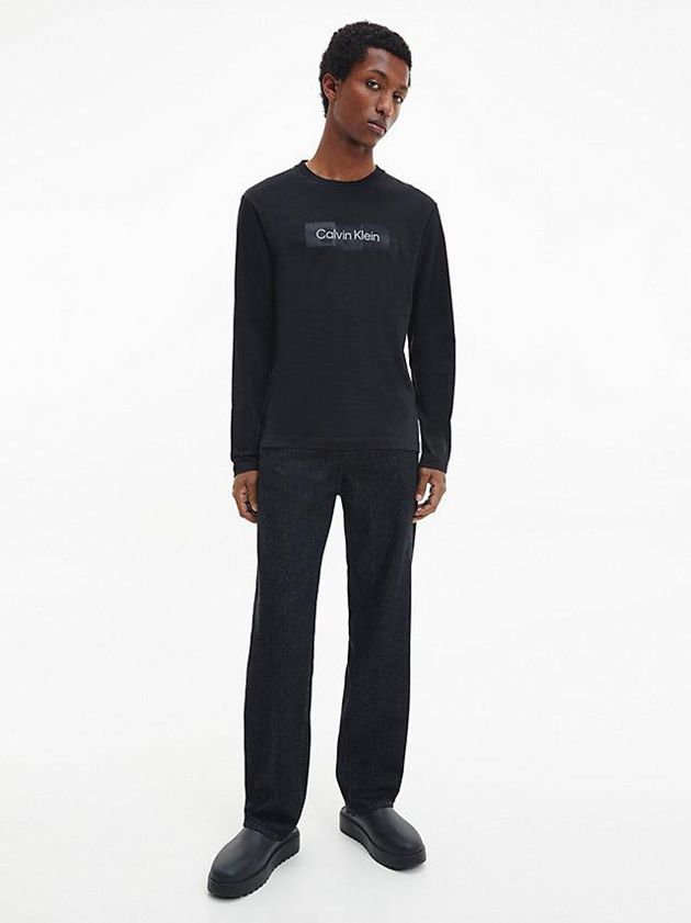 Black Calvin Klein Long Sleeve Logo Men T-Shirt | BOCM-07419